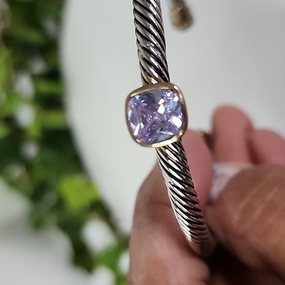Silver Cable Flex Open Cuff Bracelet with Amethyst Color Stone - Picture 4 of 8